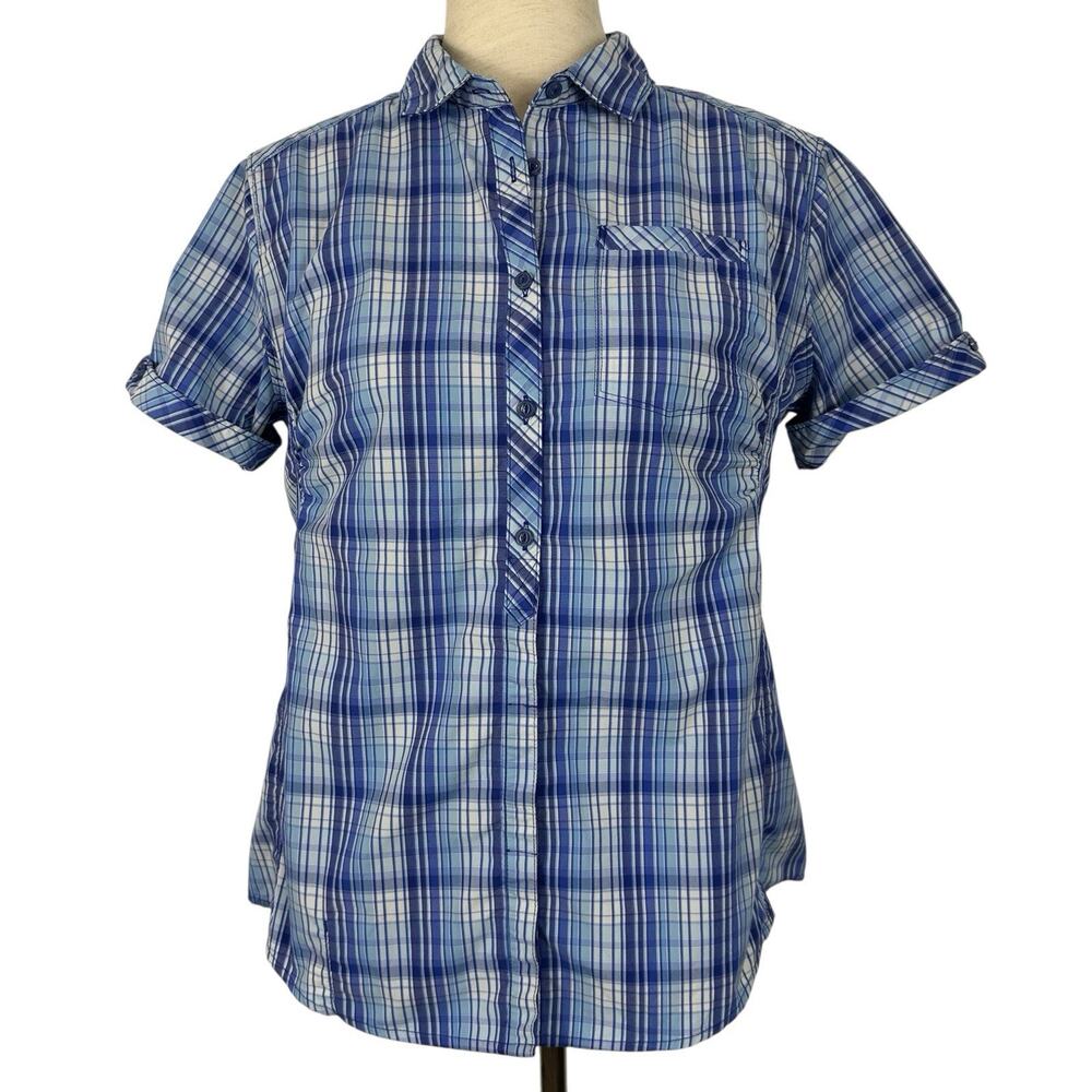 Mountain Hardwear Top Women 10 Blue Plaid Button Down Shirt Hiking Outdoor